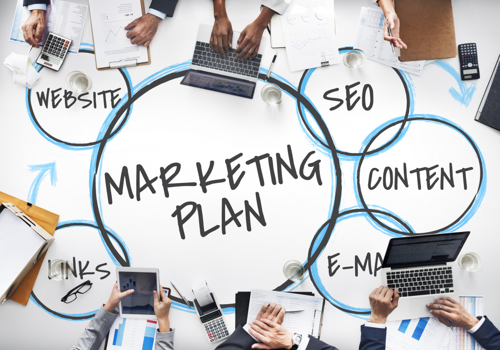 marketing plan concept surrounded by business employees